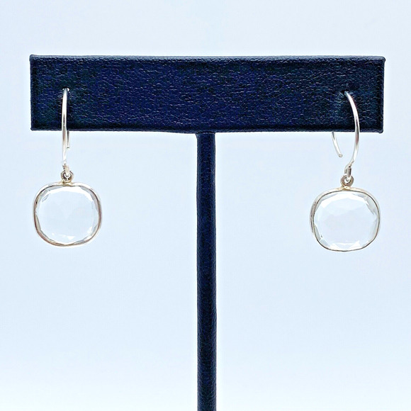 Sterling Silver Clear Faceted Glass Dangle Drop Pierced Earrings Bezel Set 1.25" - Picture 2 of 8